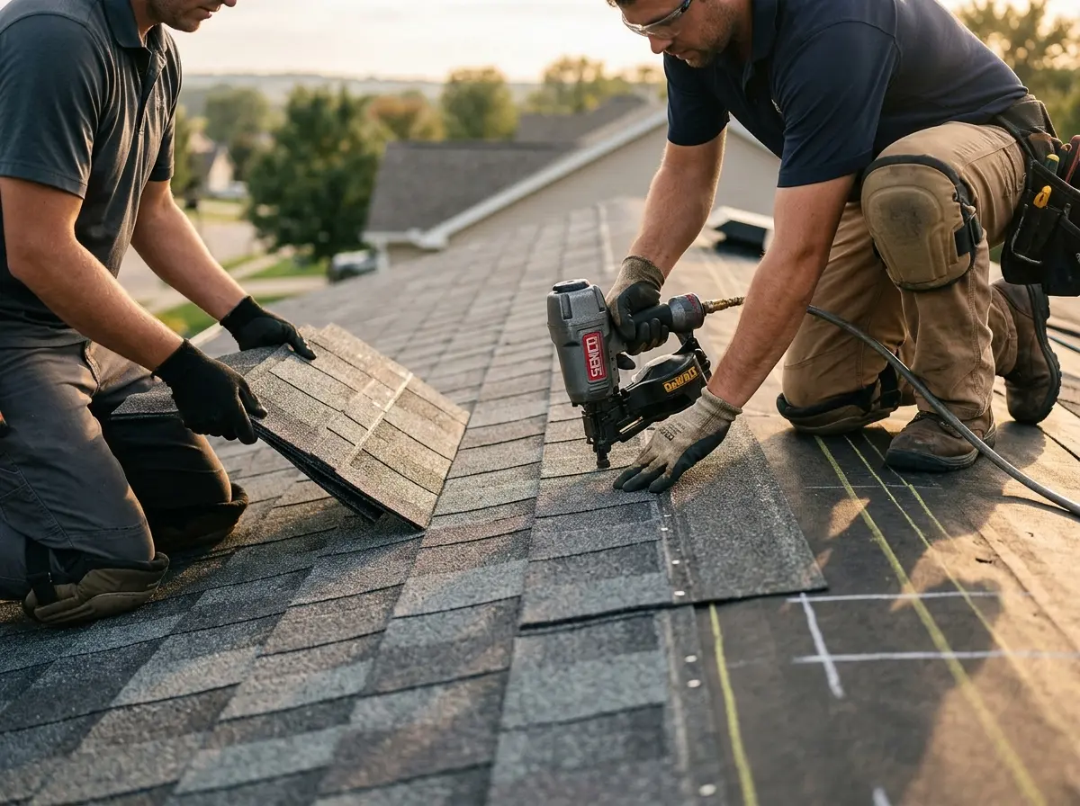 Professional roofer working on a residential roof in Gaithersburg